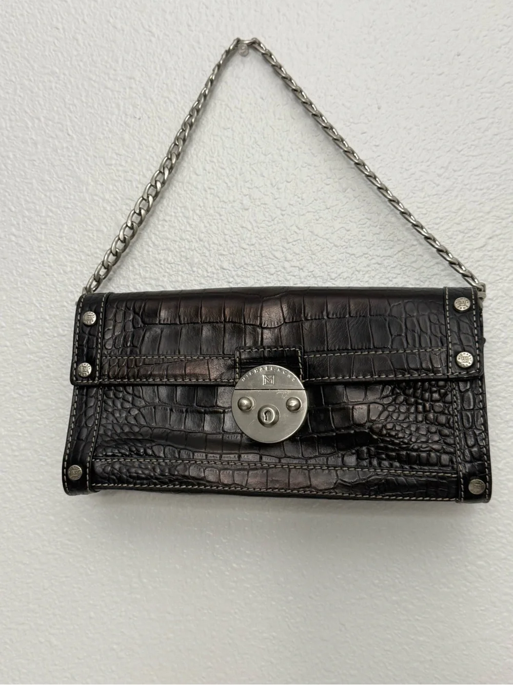 Michael Kors Black Croc-Embossed Wristlet Clutch with Contrast Stitching